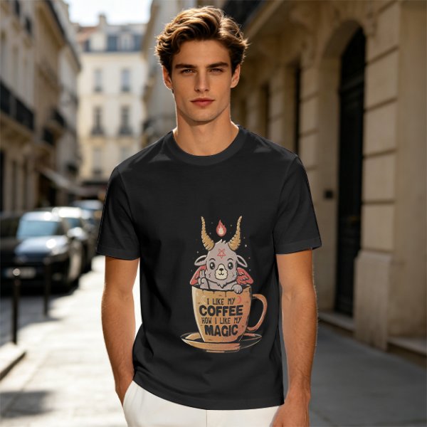 Olive t-shirt with cute Baphomet coffee magic print