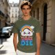 Olive T-Shirt With Cute Cloud Rainbow Graphic And 'We're All Gonna Die' Text