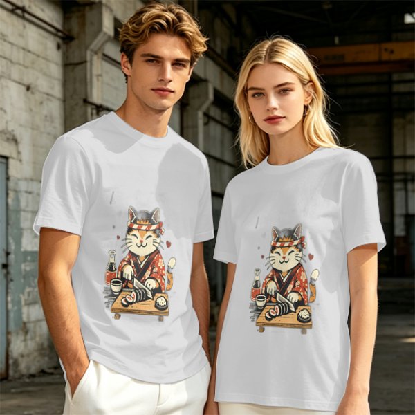 Olive T-Shirt Featuring a Cute Cat Sushi Chef Illustration
