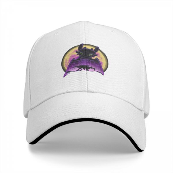 Black baseball cap featuring Toothless dragon and moon graphic