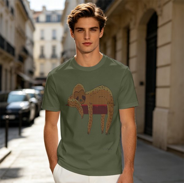 Olive Green T-Shirt with Sleeping Sloth Graphic Print