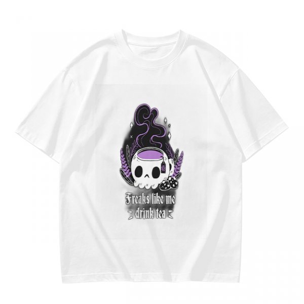 Olive graphic t-shirt with skull tea cup and 'Freaks like me drink tea' text
