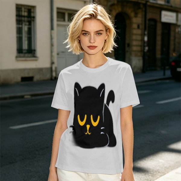 Olive T-Shirt with Relaxed Black Cat Graphic Design