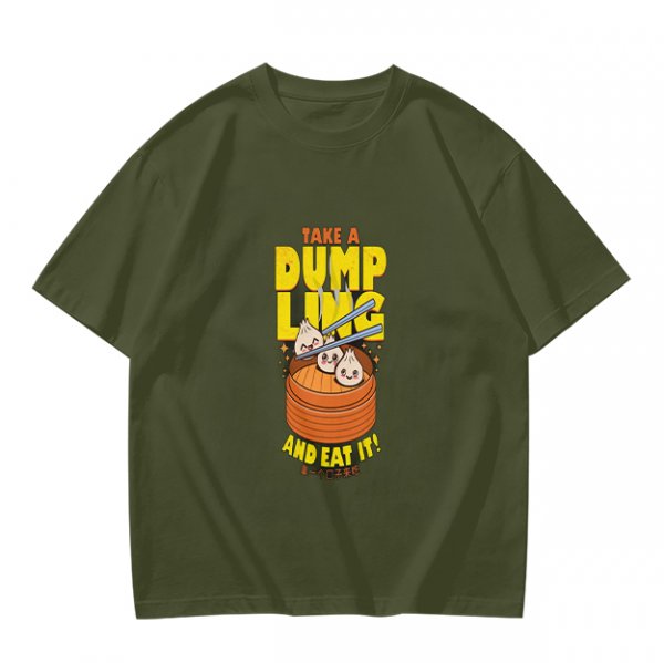 Olive green graphic t-shirt with dumpling pun and steamer illustration
