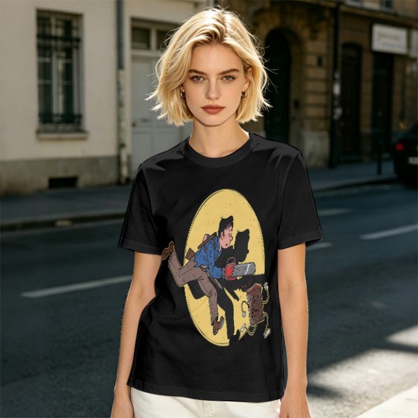 Olive T-shirt with Cartoon Chainsaw Action Character Print