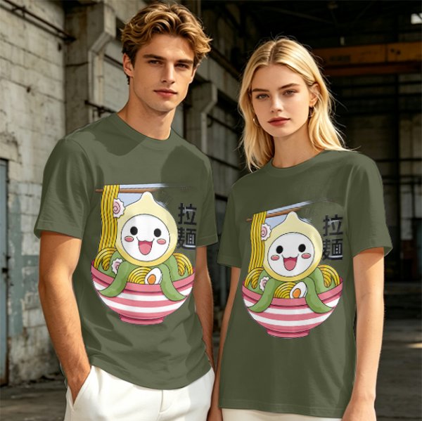 Owl-like character in ramen bowl graphic olive green t-shirt