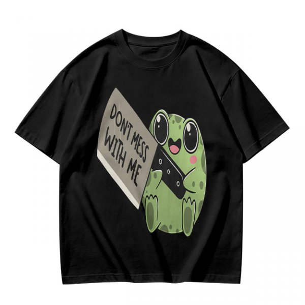 Olive t-shirt with cute frog holding knife and 'Don't mess with me' text