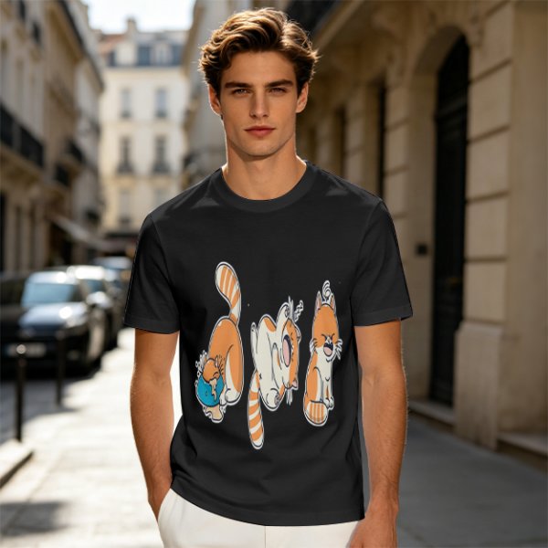 Olive T-Shirt With Playful Orange Cat Illustrations