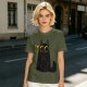 Olive Green T-Shirt With Surprised Black Cat Graphic Print