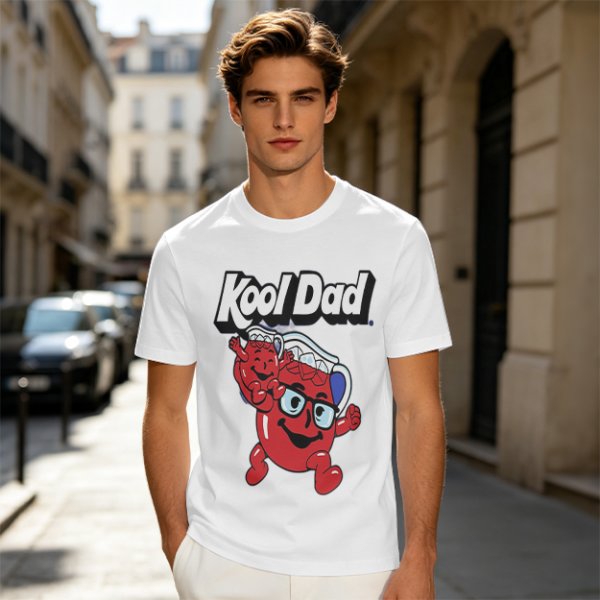 Olive green graphic t-shirt with Kool Dad and Kool-Aid mascot print
