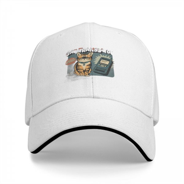 Black baseball cap with retro grumpy tabby cat and old mobile print
