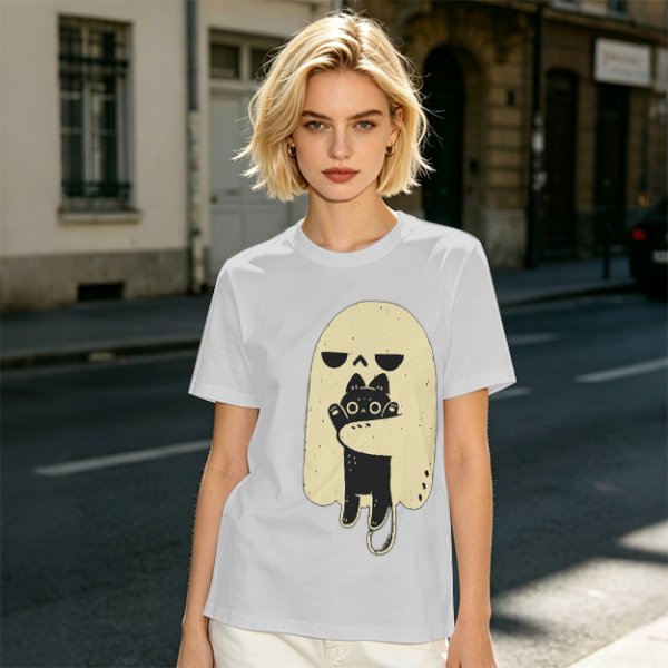 Olive T-Shirt With Ghost Holding Black Cat Graphic