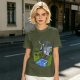 Olive T-shirt with Cartoon Boys Balancing on Log Over Stream