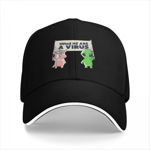 Black baseball cap with 'Humans Are A Virus' alien unicorn graphic