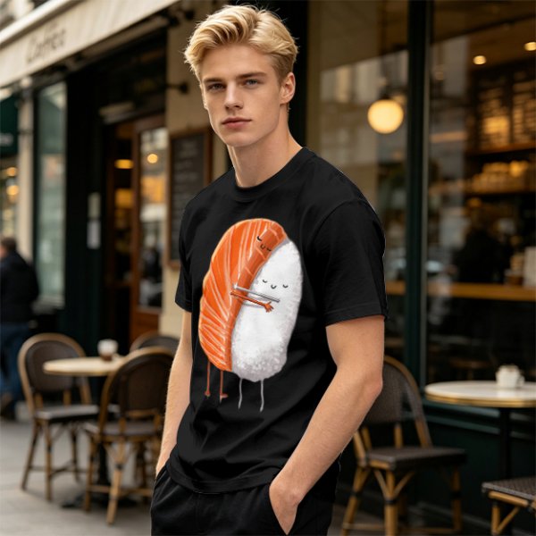 Olive T-shirt with Cute Hugging Salmon Sushi and Rice Print