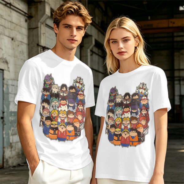 Olive T-shirt with cute chibi anime character group print