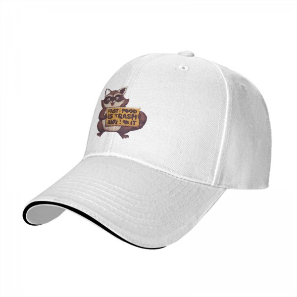Black baseball cap with raccoon holding fast food trash sign