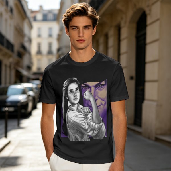 Olive T-shirt with vintage woman flexing arm graphic print
