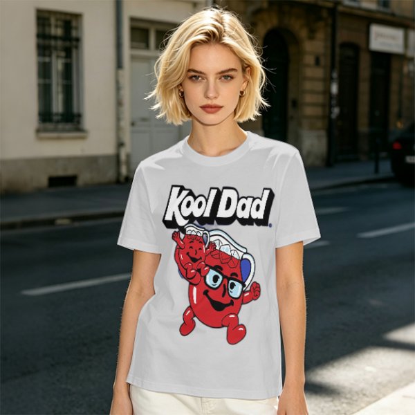 Olive green graphic t-shirt with Kool Dad and Kool-Aid mascot print