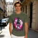 Olive anime cat character graphic t-shirt with pink abstract background