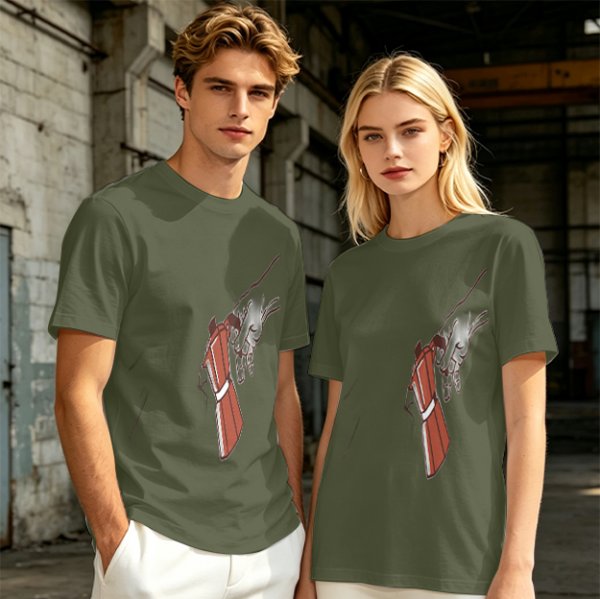 Oversized Olive T-Shirt With Mechanical Hand Holding Gun Graphic
