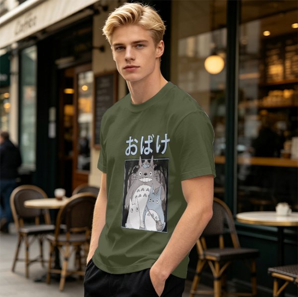 Olive green graphic tee with Totoro forest spirit print