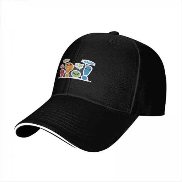 Black baseball cap with cute punctuation characters and speech bubbles