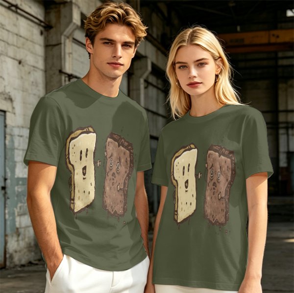 Olive T-Shirt With Surprised Light And Sad Burnt Bread Slices Graphic