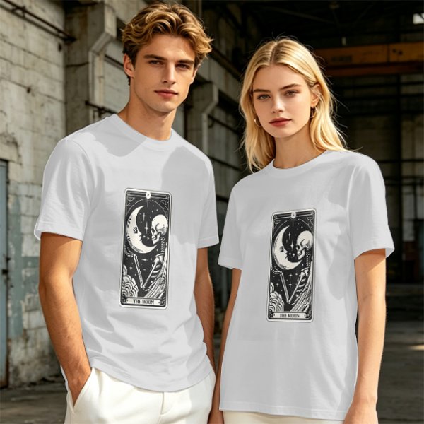 Olive t-shirt with The Moon tarot card skeleton and crescent moon print