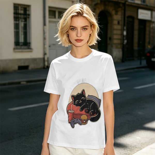 Olive T-Shirt with Relaxed Black Cat Gaming Snack Print