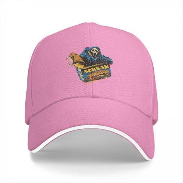 Black baseball cap with Scream Ghostface fast food themed graphic