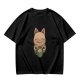Olive green t-shirt with cute cat holding a mug print