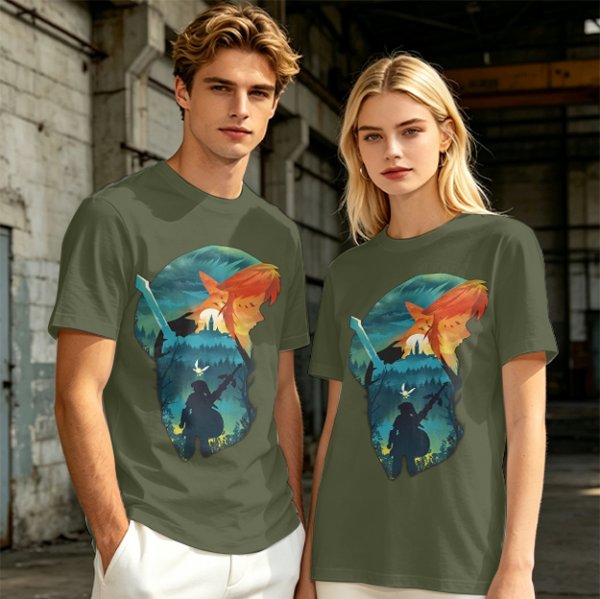 Olive green t-shirt with fantasy warrior silhouette graphic