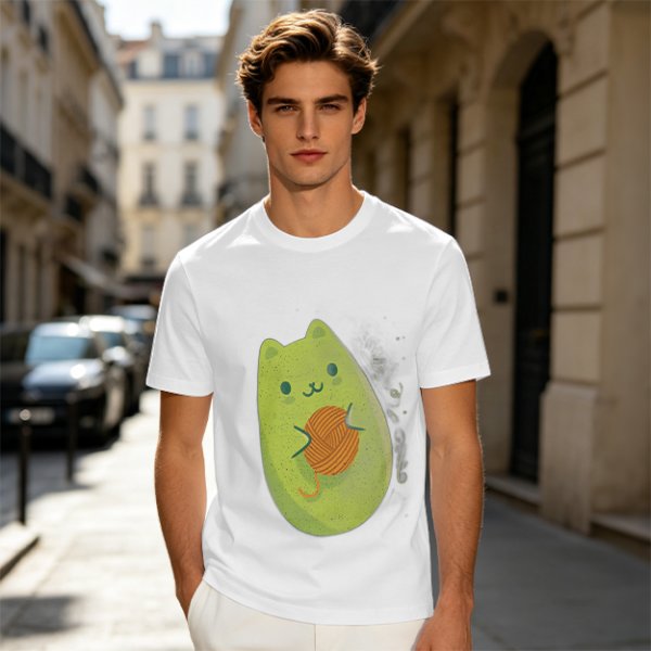 Olive Green T-Shirt With Cute Avocado Cat Holding Yarn Ball Print