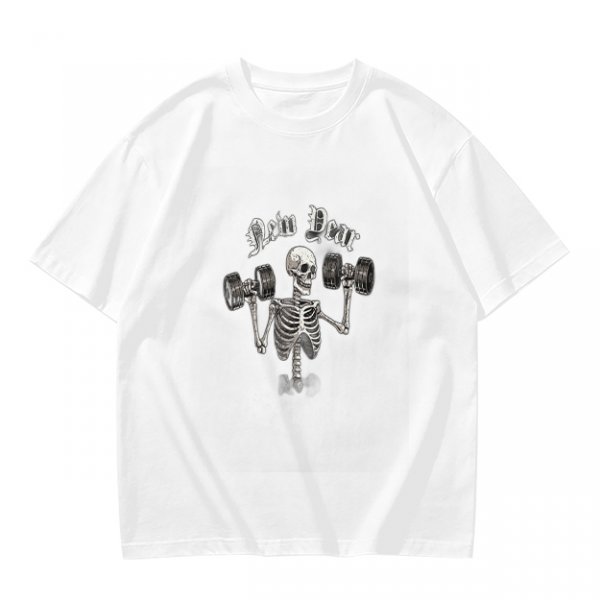 Olive T-Shirt With Skeleton Lifting Weights New Year Print
