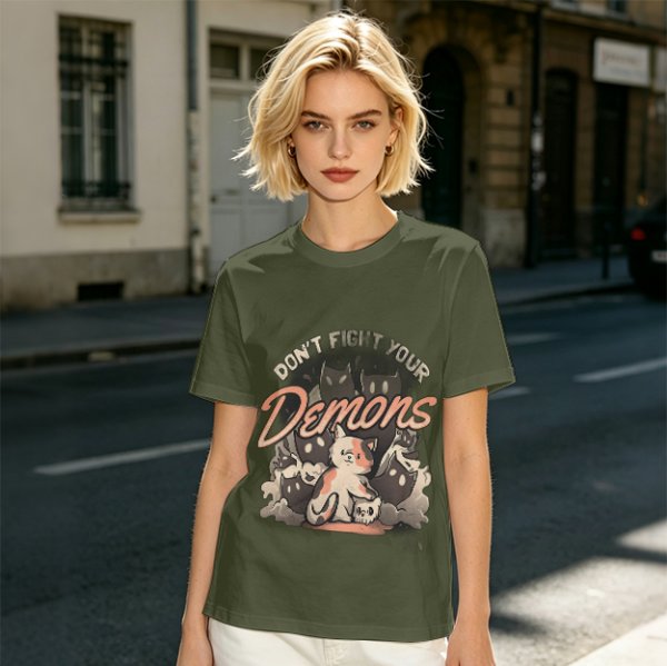 Olive graphic t-shirt with 'Don't Fight Your Demons' cat art
