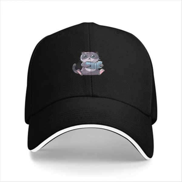 Black Baseball Cap With Cute Cat Reading Book Print