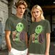 Olive Green T-Shirt With Cute Turtle Holding Coffee Cup Print