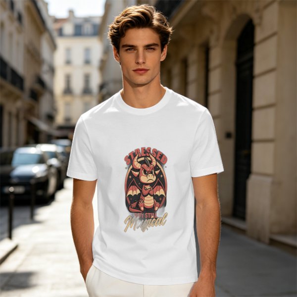 Olive graphic t-shirt with stressed but still magical dragon print