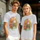 Olive Green T-Shirt with Whimsical Nature Floral and Rock Art Print