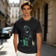 Olive T-shirt with cartoon dinosaur in Darth Vader helmet and chicken print