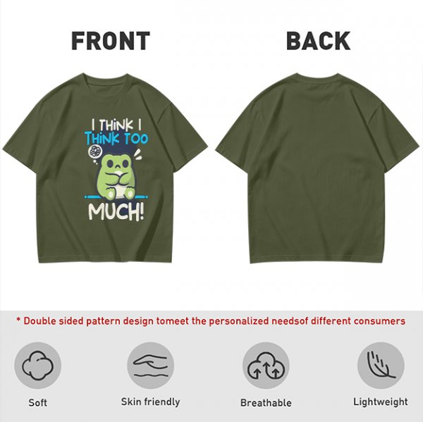 Olive t-shirt with 'I think I think too much' anxious frog print