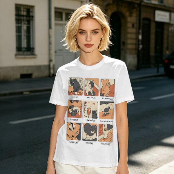 Olive T-Shirt with 9 Grid Cute Cat Illustrations Print