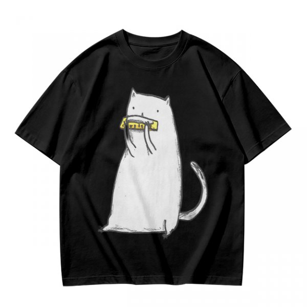 Olive T-Shirt With White Cat Playing Harmonica Graphic