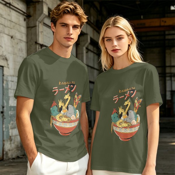 Olive T-Shirt with Kawaii Ramen Monster Bowl Graphic