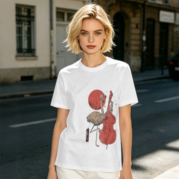 Olive T-Shirt With Crane Playing Cello Red Moon Art Print