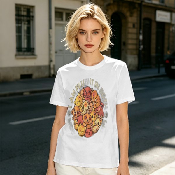 Olive t-shirt with cute puppy pile graphic and playful text