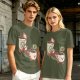 Olive green graphic tee with a sloth relaxing between anthropomorphic coffee mugs