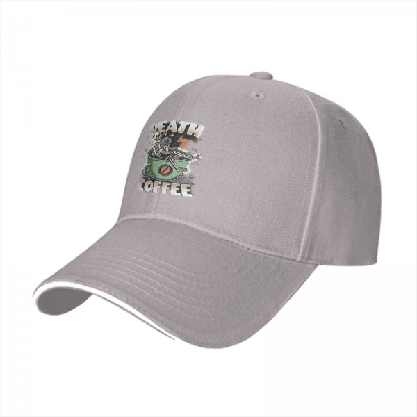 Black Baseball Cap With 'Death By Coffee' Skeleton Graphic