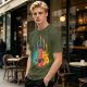 Olive T-Shirt With Colorful Cat Guitar Illustration